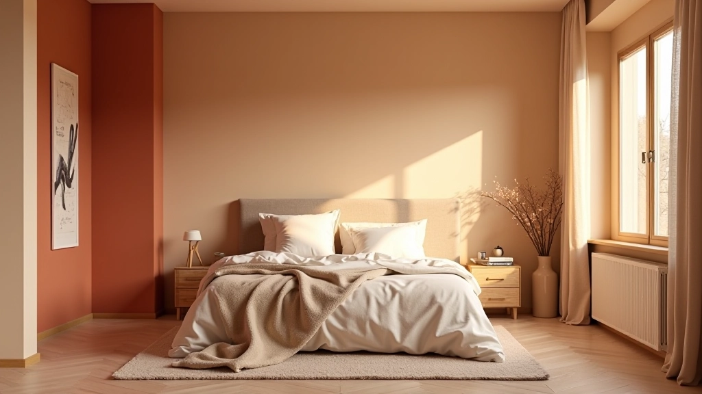 Chambre à coucher avec palette de couleurs chaudes : beige, terracotta et bois clair