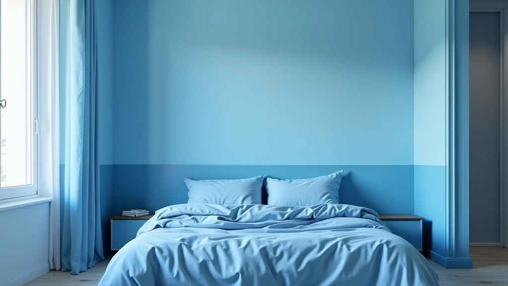 Chambre avec dégradé de bleu : murs en bleu ciel, lit en bleu moyen, cadre mural en bleu marine