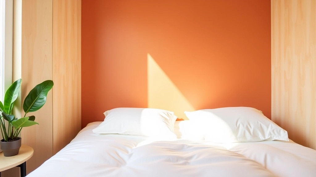 Chambre avec fenêtres orientées nord : palette chaude terracotta, lit avec linge blanc, plante verte