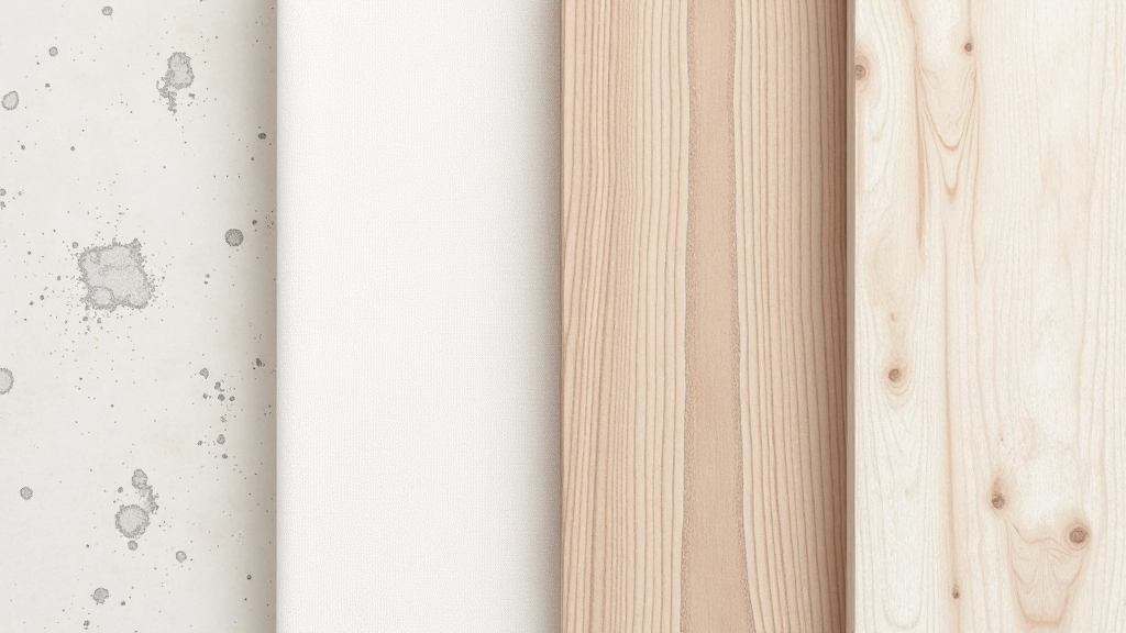Gros plan sur différentes surfaces texturées : béton, tissu chanvre, bois vieilli, et plâtre brut
