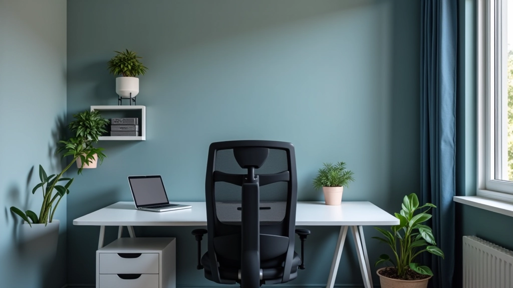 Bureau à domicile avec palette froide : murs gris-bleu, bureau blanc, chaise ergonomique noire, plantes