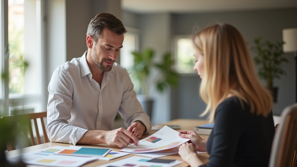 Consultation entre consultant et client autour des palettes de couleurs