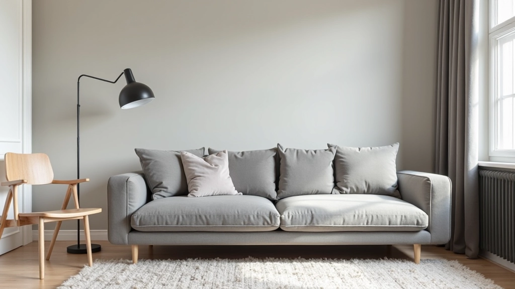Salon équilibré avec mur peint mat clair, canapé en lin gris, coussins velours, tapis laine, et une chaise en bois clair