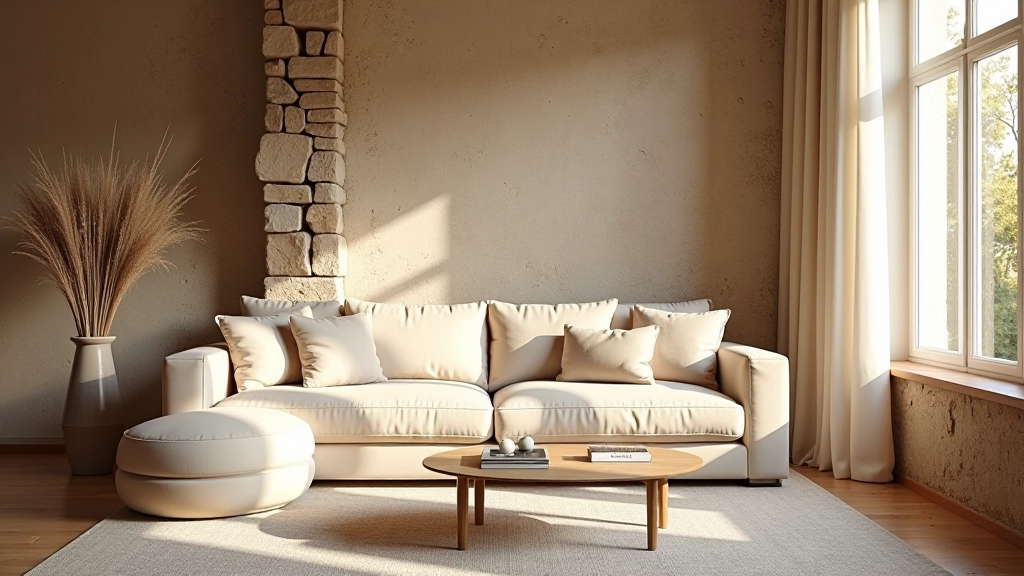 Salon lyonnais avec mur en pierre apparente, canapé en lin beige, détails bois, éclairage chaleureux en fin d'après-midi