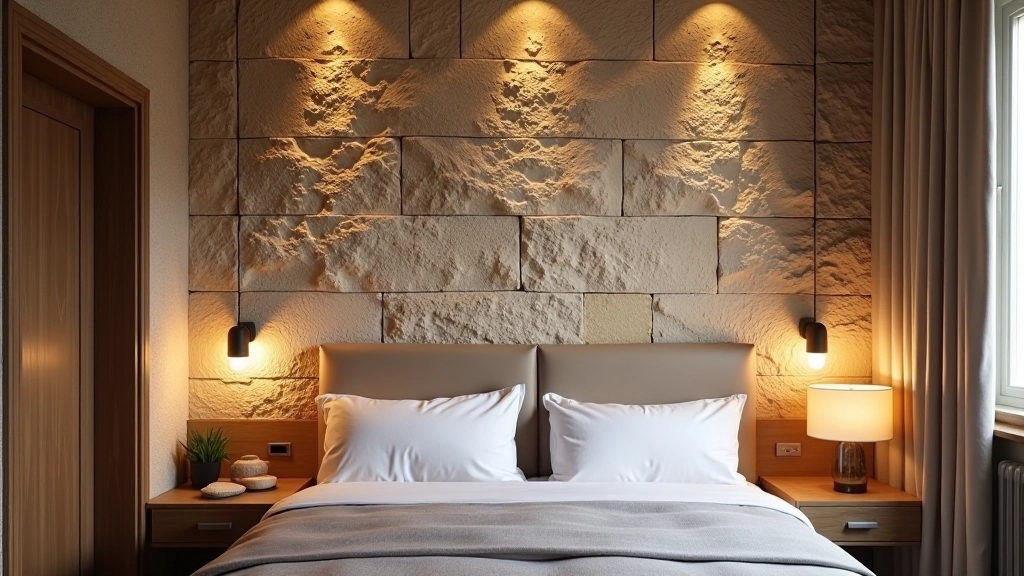Mur de pierre brute dans une chambre avec éclairage chaud mettant en avant la texture naturelle