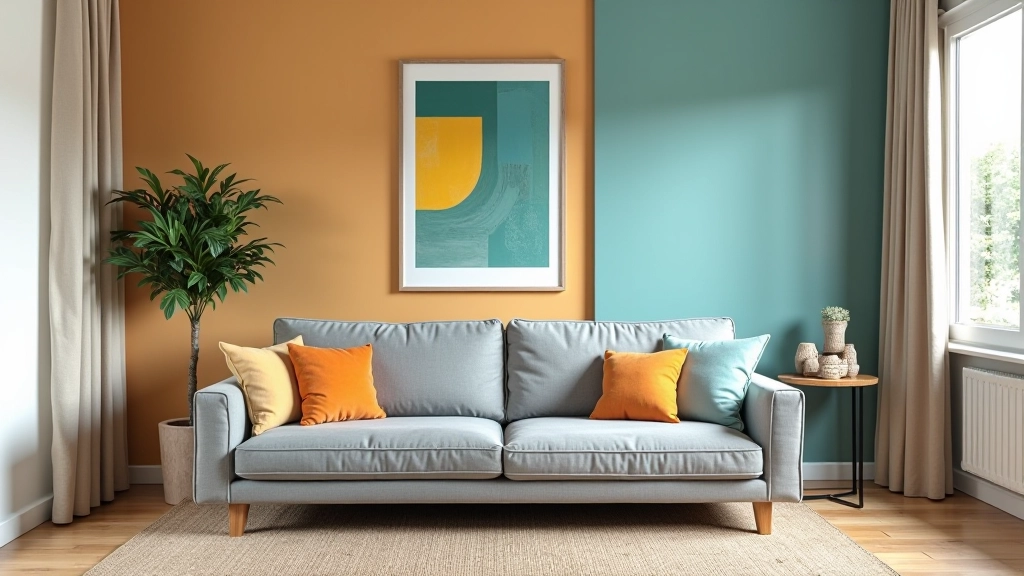 Salon avec mélange harmonieux : murs beige chaud, canapé gris, mur d'accent bleu-vert, art mural coloré