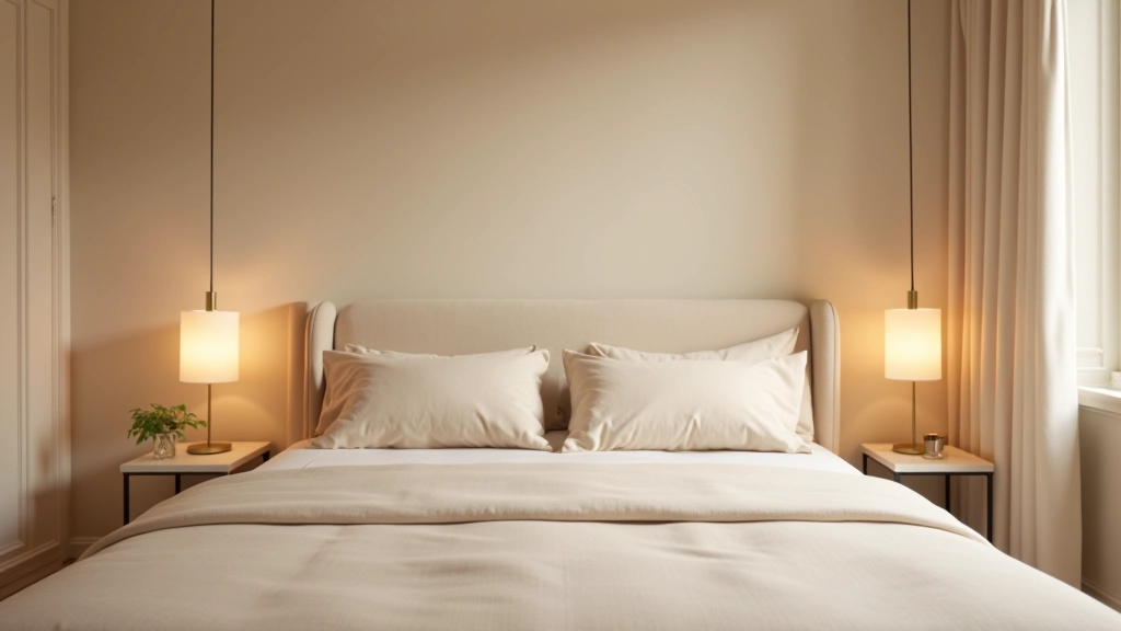 Chambre luxe en beige et crème, literie en lin beige clair, coussins beige foncé, lampes en beige chaud