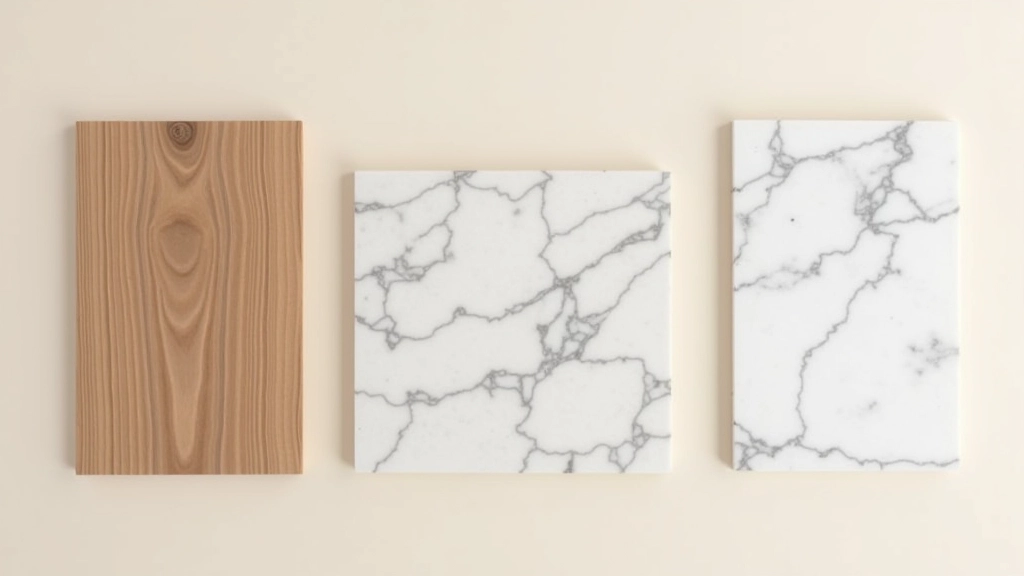 Échantillons de différents matériaux de revêtement : bois, béton, marbre et textile