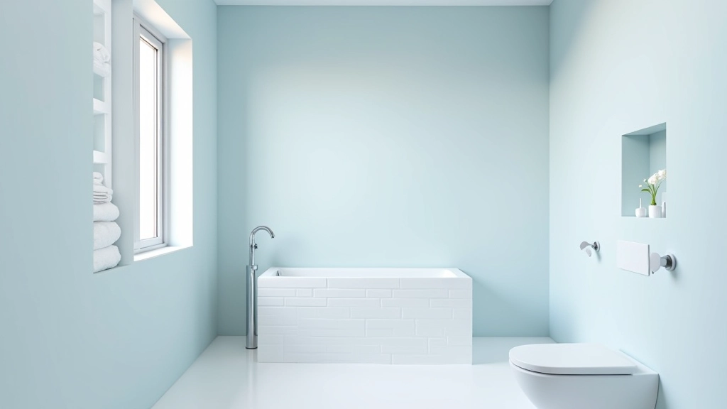 Salle de bains minimaliste avec palette froide : murs bleu gris pâle, miroir épuré, carrelage blanc