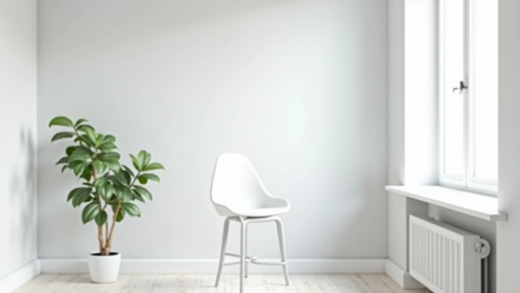 Bureau épuré en blanc et gris clair, chaise blanche, plante verte, murs gris très pâle