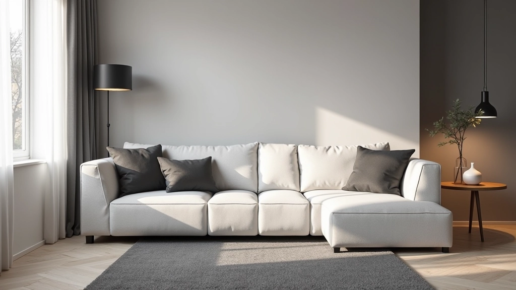 Salon moderne en gris : canapé gris clair, coussin gris foncé, tapis gris moyen, accents en bois naturel