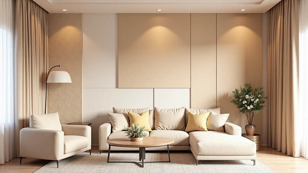 Salon avec plusieurs textures : mur peint, papier peint géométrique, rideaux et mobilier en tissu