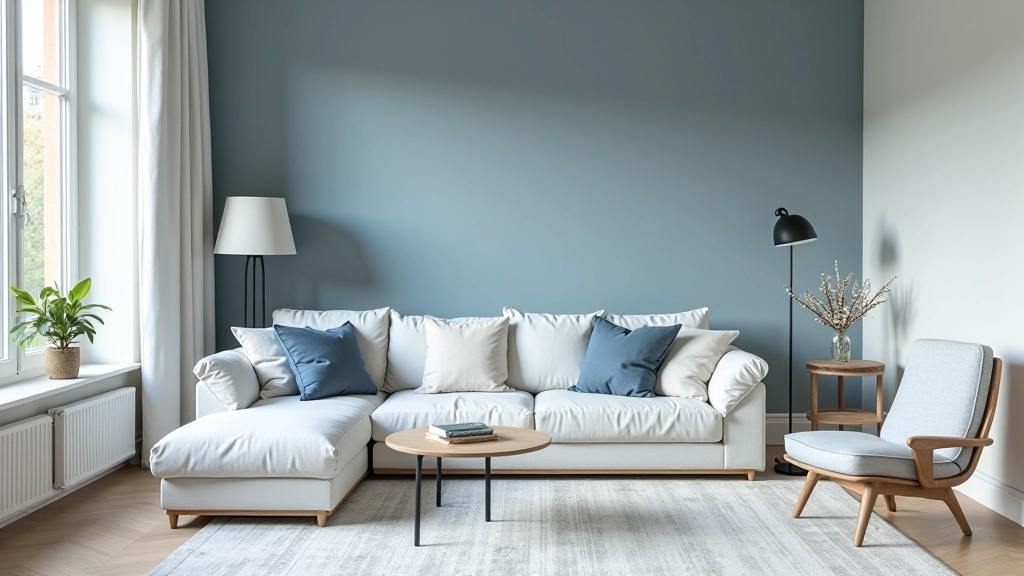 Salon avec palette monochrome en bleu profond, textures de lin et bois clair, lumière naturelle douce