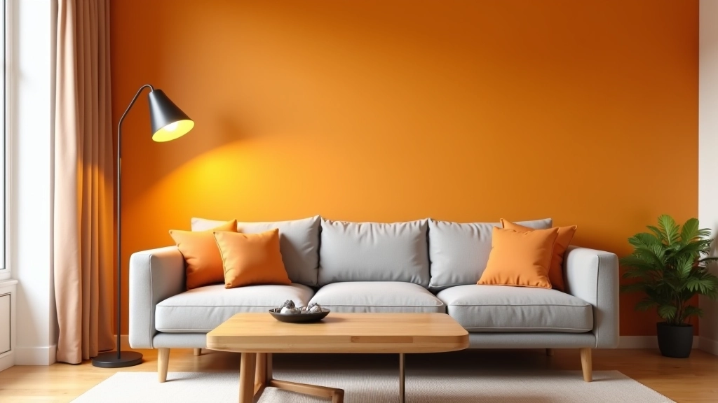 Salon moderne avec palette chaude : murs ocre, canapé gris, éclairage chaleureux
