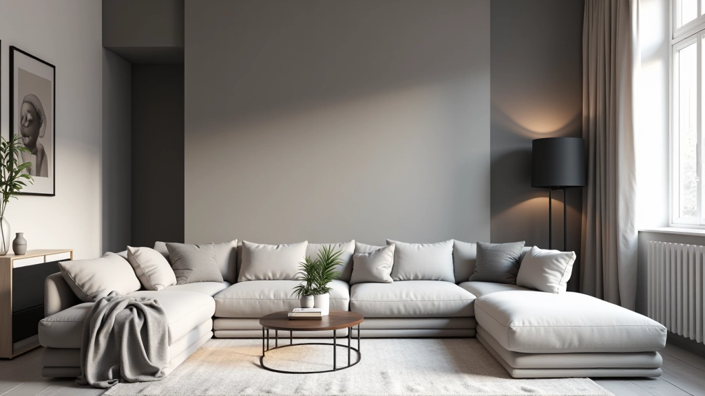 Intérieur élégant avec camaïeu de gris, mobilier minimaliste et jeu de lumière naturelle